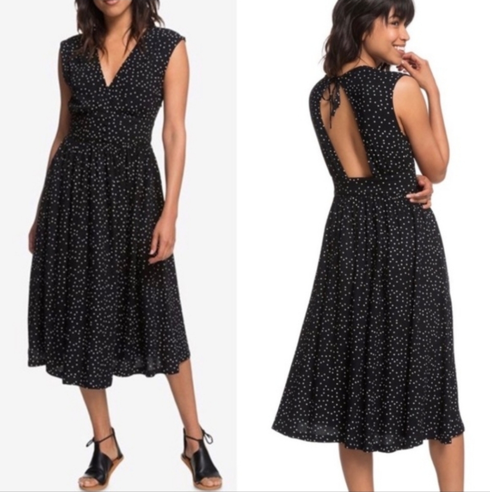 #78 Roxy Black Polka Dot Tie-Back Midi Dress